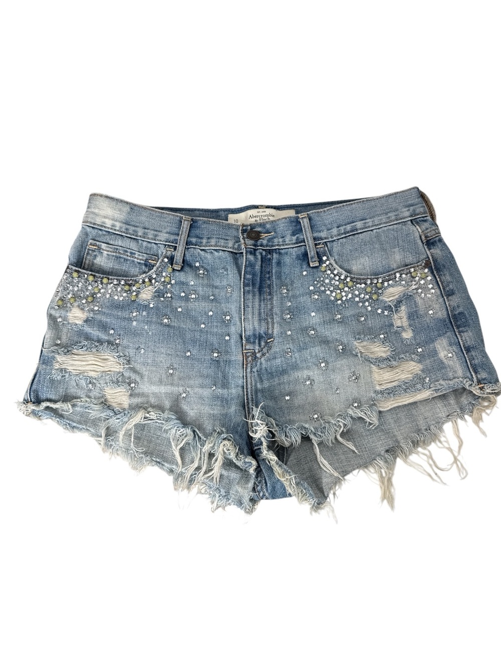 Abercrombie & Fitch Light Blue Distressed Rhinestone Denim Shorts Size 10